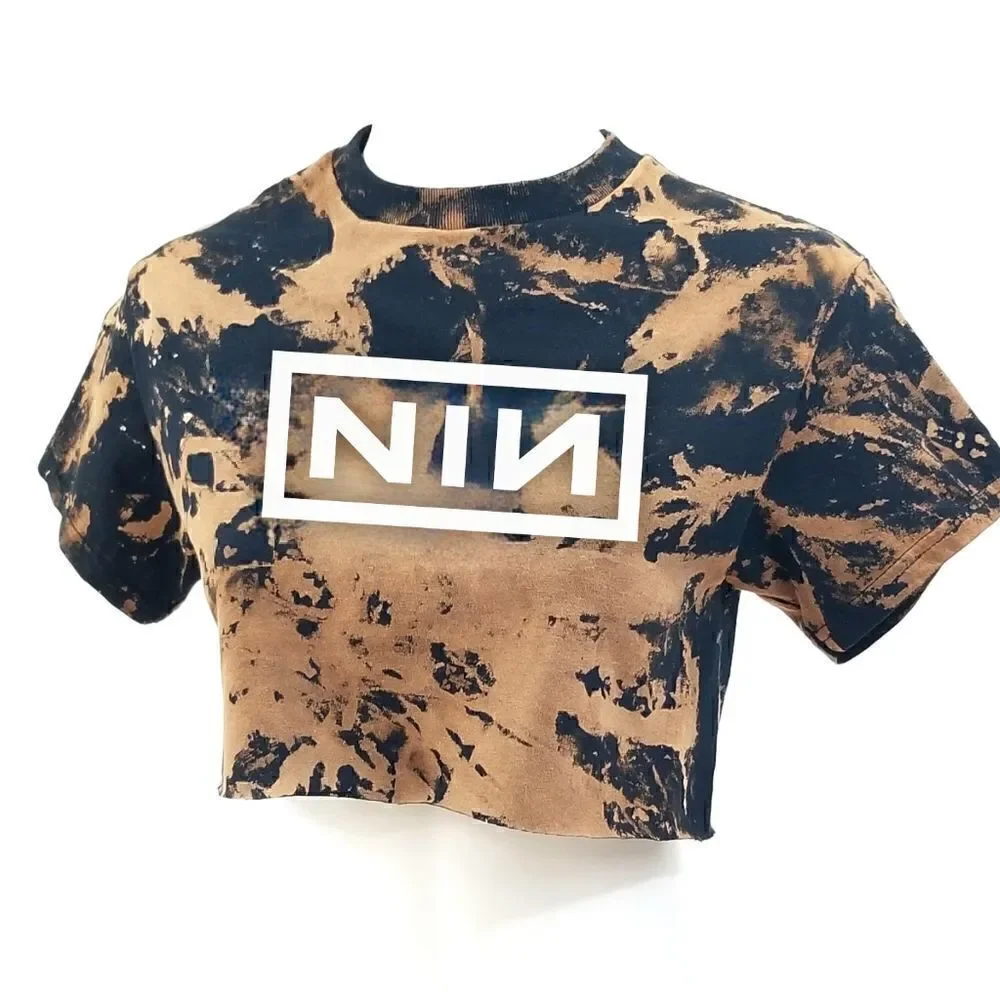 NINE IN NAILS "NIN" Acid Washed Cropped Crop Top Band Tee Rock Tee Rap Tee Punk - Picture 3 of 5